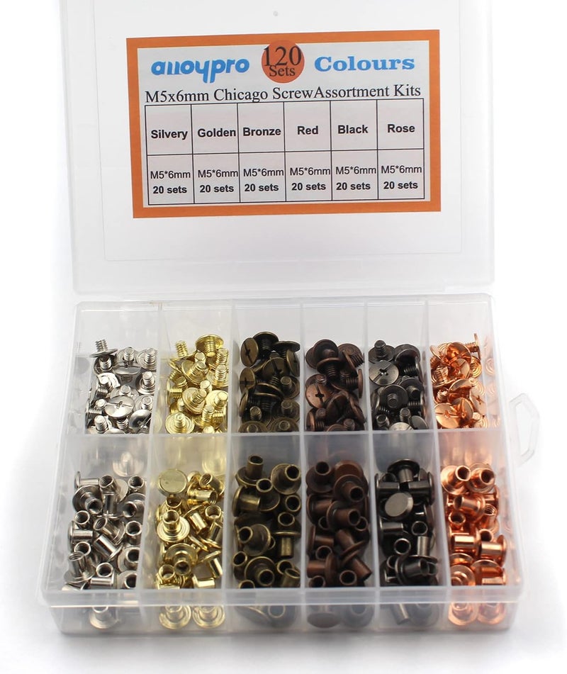 ALLOYPRO 120 Sets Chicago Screws Assorted Kit 6 Color Leather Rivets Screw Rivets Flat Fillister Book Binding Posts Nail Rivet Chicago Bolts for DIY Leather Craft Black Silver Bronze (Colours 5×6mm) - Image 4